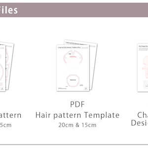 K&ouml;nnte beinhalten: Ein digitales Dateiset mit der Beschriftung Included Files, das ein PDF-Schnittmuster f&uuml;r 20cm und 15cm Puppen, eine PDF-Haarmustervorlage f&uuml;r 20cm und 15cm Puppen sowie ein PNG-Charakterdesignblatt mit einer Puppensilhouette enth&auml;lt.