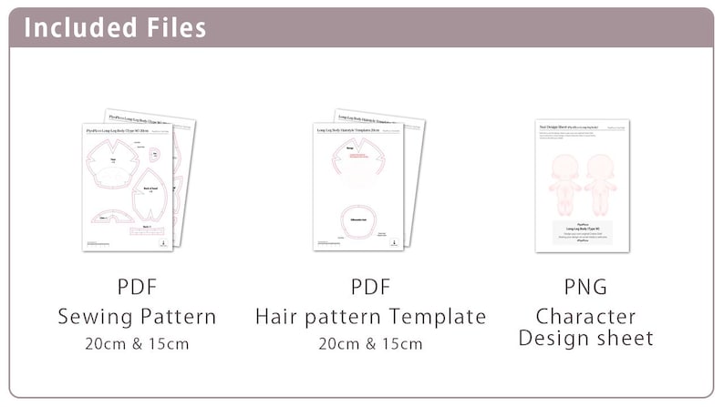 K&ouml;nnte beinhalten: Ein digitales Dateiset mit der Beschriftung Included Files, das ein PDF-Schnittmuster f&uuml;r 20cm und 15cm Puppen, eine PDF-Haarmustervorlage f&uuml;r 20cm und 15cm Puppen sowie ein PNG-Charakterdesignblatt mit einer Puppensilhouette enth&auml;lt.