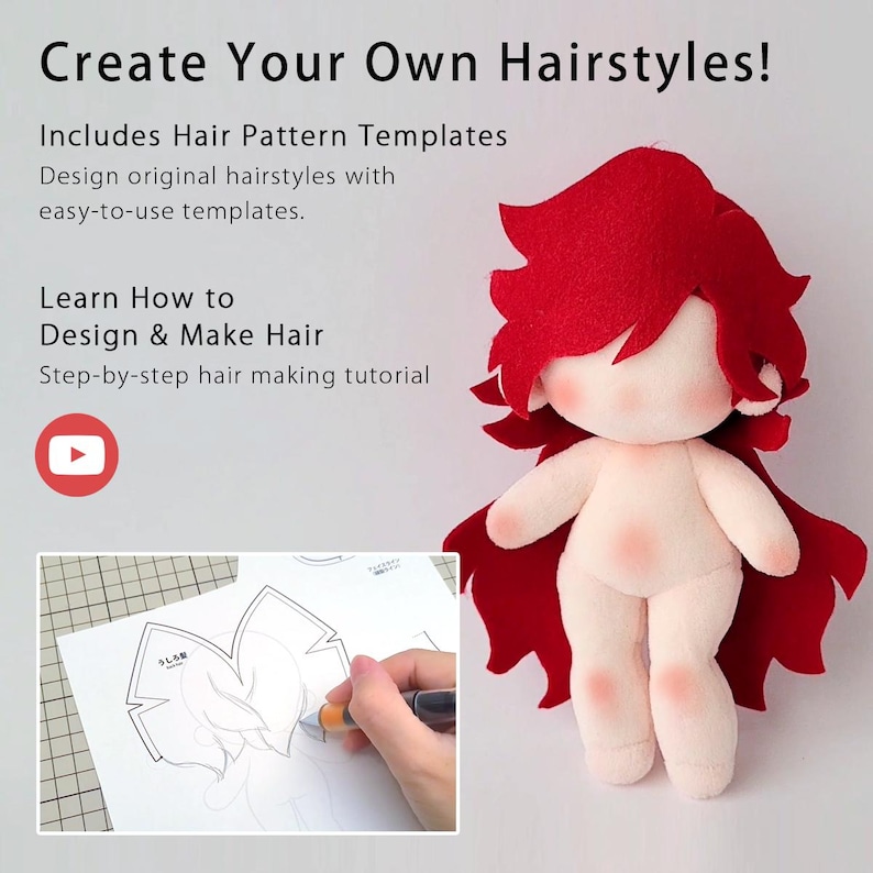 K&ouml;nnte beinhalten: Eine Pl&uuml;schpuppe mit blasser Haut und langem, leuchtend rotem Haar, begleitet von dem Text: Create Your Own Hairstyles! Includes Hair Pattern Templates. Design original hairstyles with easy-to-use templates. Learn How to Design & Make Hair.