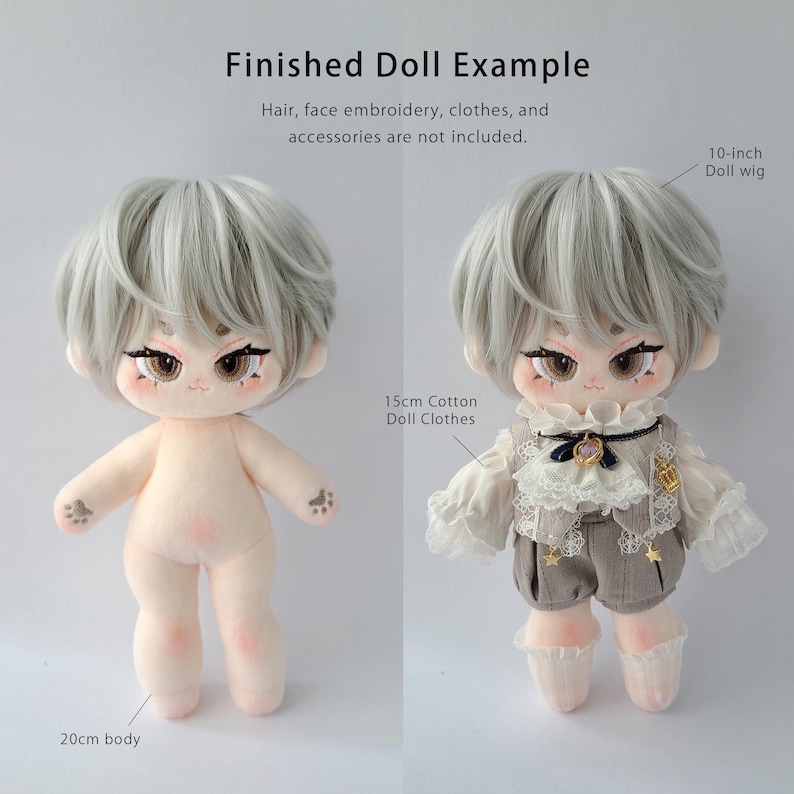 K&ouml;nnte beinhalten: Eine 20 cm gro&szlig;e Pl&uuml;schpuppe mit heller Haut, braunen Augen und kurzem grauen Haar. Der Text lautet: Finished Doll Example. Hair, face embroidery, clothes, and accessories are not included. Beschriftungen weisen auf 10-inch doll wig und 15cm cotton doll clothes hin.