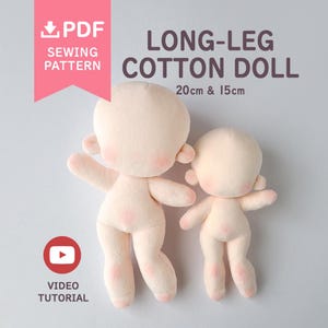 Molde de costura em PDF para boneca de algodão com corpo de pernas compridas (tipo W) | Pelúcia de 15 cm e 20 cm | Download digital
