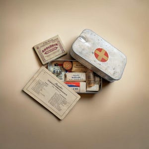 May include: A vintage metal first aid kit with a red and yellow cross emblem, containing various medical supplies in paper packaging. Includes a separate Adolorin tablet box and a Rauscher Touristen-Verbandkassette instruction card with text.