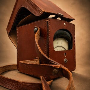 May include: A vintage brown leather carrying case with a hinged lid, containing an analog measuring instrument with a white circular dial. The case features visible stitching, metal rivets, and a long, adjustable leather shoulder strap attached.