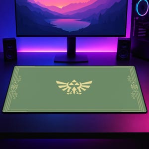 May include: A rectangular desk mat in a muted sage green color featuring a centered gold-toned Hylian Crest emblem. The mat is bordered by thin gold lines and includes decorative geometric patterns on the left and right sides of the surface.