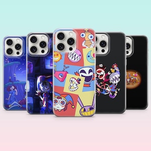 May include: Five smartphone cases featuring various colourful character illustrations and graphic designs. The designs include a night scene, a television-themed graphic, a collage of cartoon faces, a group of characters on black, and a spotlight scene.