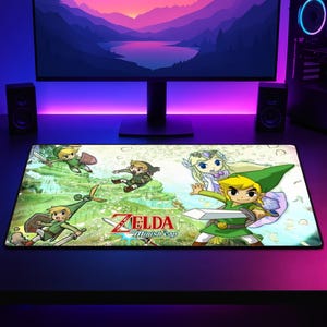 May include: A rectangular desk mat featuring a colorful illustration of characters from The Legend of Zelda: The Minish Cap. The design includes multiple depictions of Link in green tunics with swords and shields, alongside Princess Zelda.