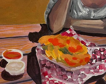Original unframed oil painting - picnic scene