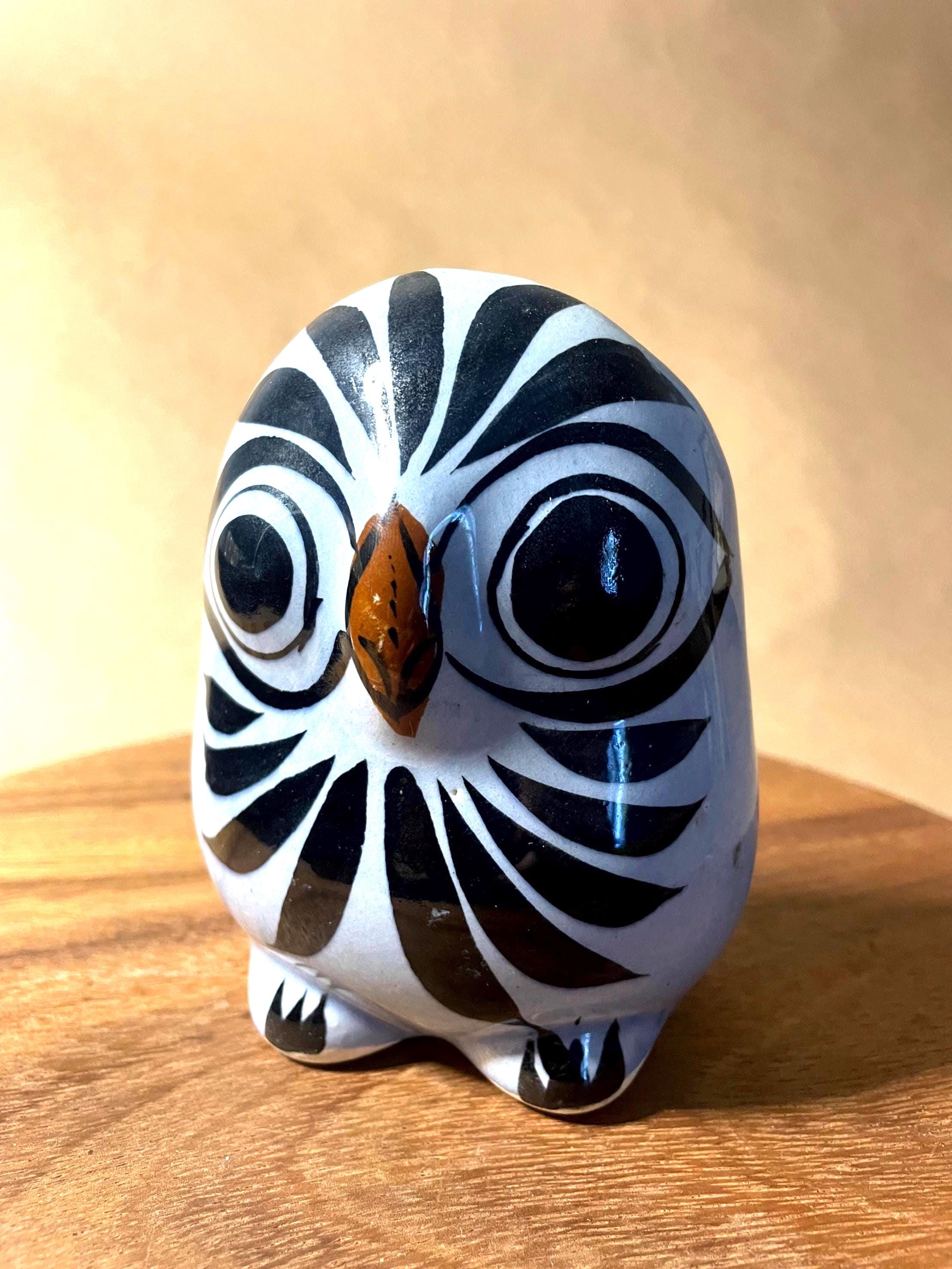 Large blue Tonala owl - beautiful hand-painted Mexican pottery