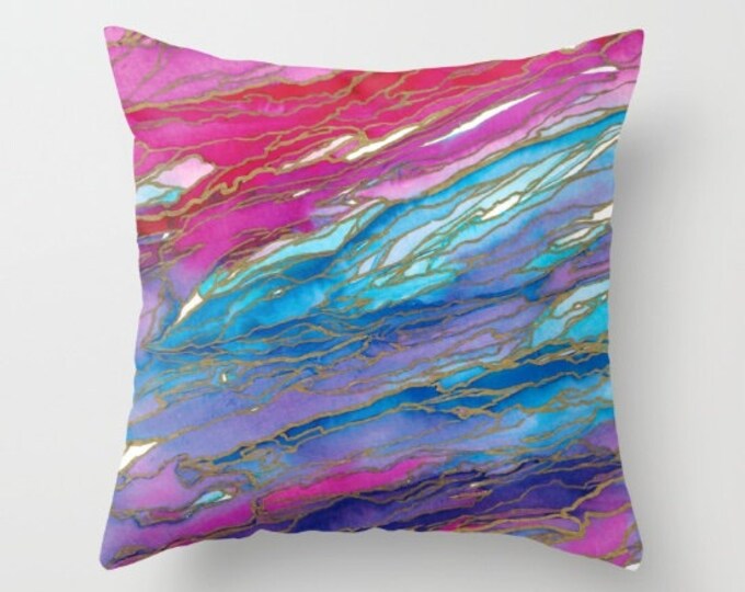 AGATE MAGIC Pink Purple Blue Gold Marble Rainbow Waves Painting Throw Pillow Cover 16x16 18x18 20x20 Square Spring Colorful Nature Abstract