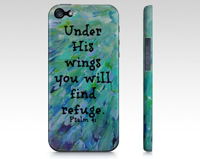 Under His Wings iPhone 5 SE 6 7 8 X Xr Xs Max Case Bible Proverbs Art Teal Green Blue Feathers Waves God Abstract Scripture Biblical Verse