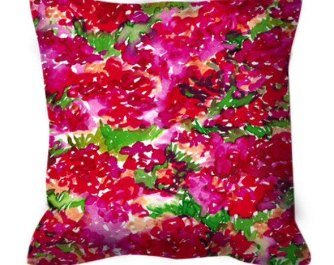 FLORAL ASSUMPTION Red Pink Green Flower Abstract Art Suede Throw Pillow Cover Cushion Feminine Garden Pattern Girly Colorful Summer Decor