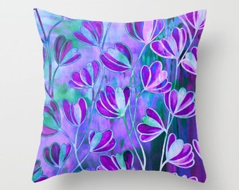 EFFLORESCENCE LAVENDER BLUE Purple Floral Pattern Throw Pillow Cover 16x16 18x18 20x20 Square Watercolor Painting Colorful Nature Flower Art