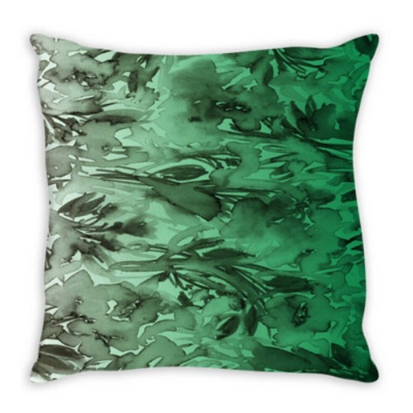 FLORAL DESTINY, GREEN Ombre Emerald Greenery Gray Botanical Flowers Pattern Art Suede Throw Pillow Cover Colorful Pantone 2017 Decor Cushion