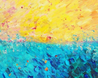 THE DIVIDE Fine Art Digital Print Ocean Beach Splash Waves Colorful Yellow Blue Summer Sea Brushstrokes Abstract Acrylic Painting Home Decor