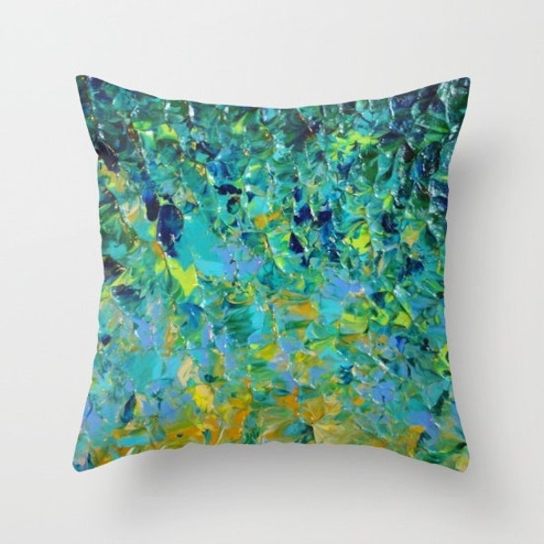 BEAUTY BENEATH PILLOW Cover 16x16 18x18 20x20 Colorful Abstract Painting Art Ocean Ombre Waves Beach Teal Emerald Green Blue Yellow Splash