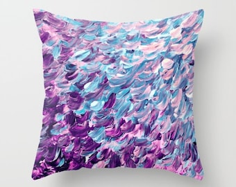 FROSTED FEATHERS Purple Blue Ombre Splash Waves Painting Art Throw Pillow Cover 16x16 18x18 20x20 Square, Spring Colorful Nature Abstract