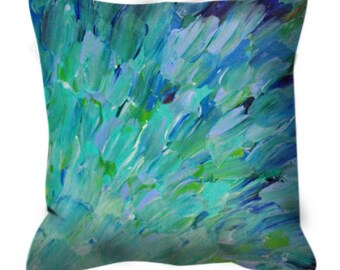 SEA SCALES Lovely Teal Ombre Decorative Suede Throw Pillow Cover Fish Underwater Waves Feathers Fine Art Abstract Painting Trend Home Decor