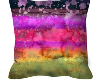 CALIFORNIA SURF 7 Rainbow Stripes Ombre Pattern Art Suede Throw Pillow Cover Cushion Magenta Plum Lime Abstract Colorful Waves Summer Decor