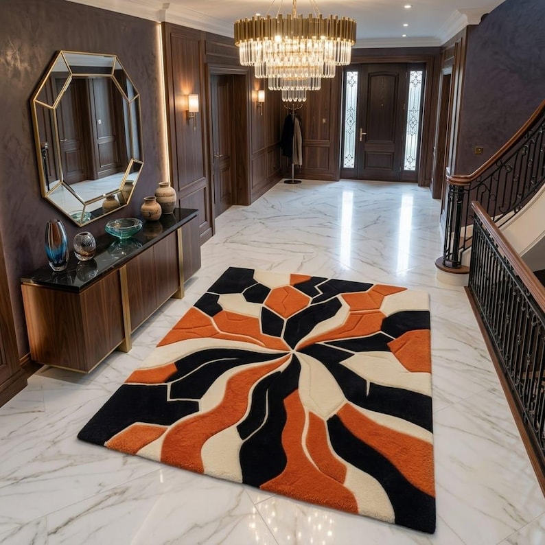 Hand Tufted Abstract Rug, Black Orange Beige Geometric Carpet, Modern ...