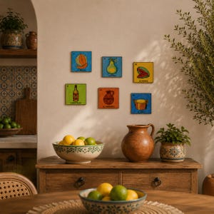 May include: Six square wall tiles featuring colorful illustrations of a melon, pear, watermelon, bottle, pitcher, and pot, each labeled with Spanish text. The tiles are arranged in a grid on a wall above a wooden sideboard with bowls of citrus.