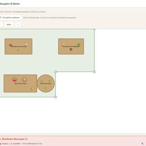 May include: A digital garden planning interface titled Anbauplan & Beete featuring a light green plot area with brown rectangular and circular raised bed icons. A sidebar on the right lists plant varieties like Tomate and Kartoffel.
