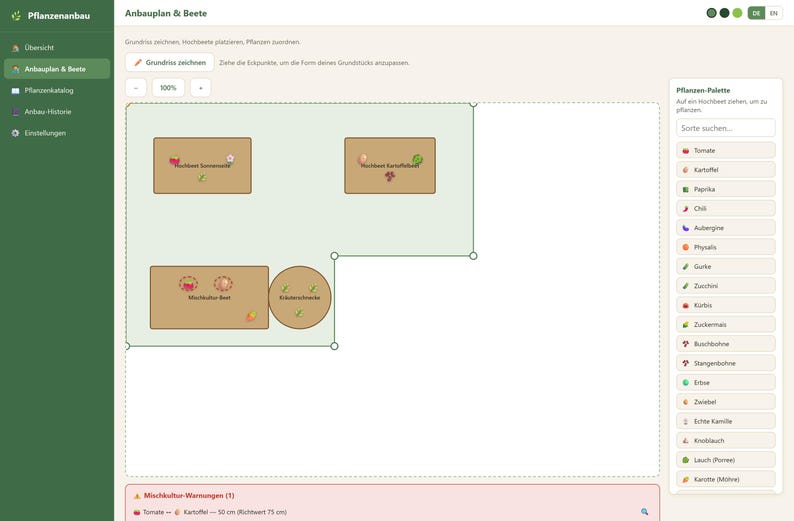 May include: A digital garden planning interface titled Anbauplan & Beete featuring a light green plot area with brown rectangular and circular raised bed icons. A sidebar on the right lists plant varieties like Tomate and Kartoffel.