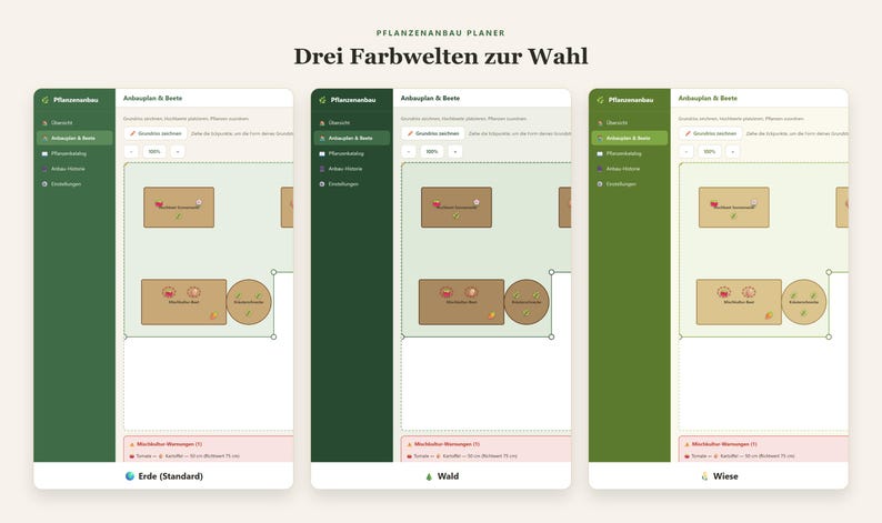 May include: A digital garden planning interface titled Pflanzanbau Planer with the subtitle Drei Farbwelten zur Wahl. Three variations of the software layout are displayed, showing different color themes labeled Erde, Wald, and Wiese.