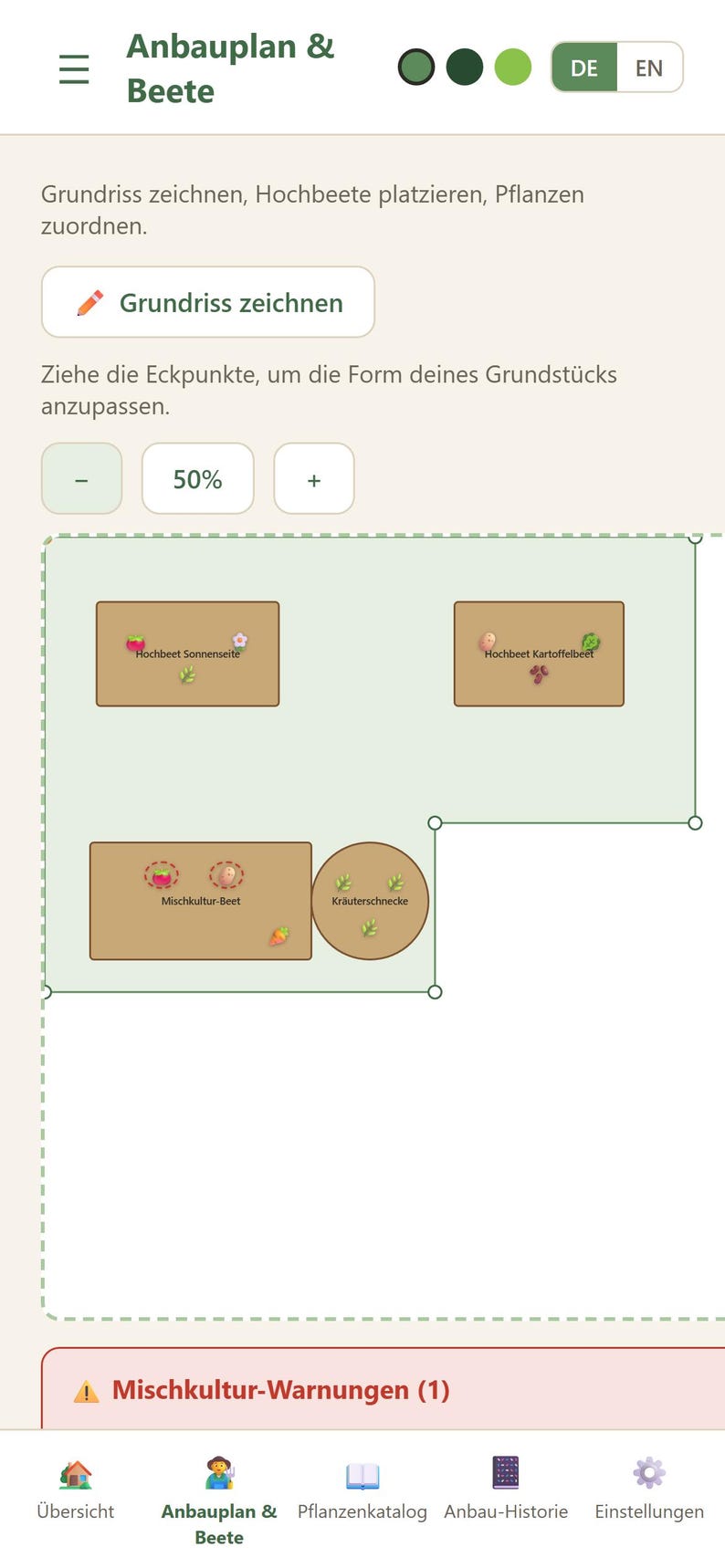 May include: A digital garden planning interface titled Anbauplan & Beete featuring a plot drawing tool, zoom controls, and icons for raised beds labeled Hochbeet Sonnenseite, Hochbeet Kartoffelbeet, Mischkultur-Beet, and Kr&auml;uterschnecke.