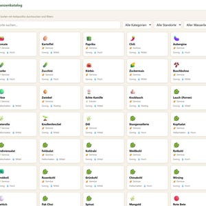 May include: A digital interface titled Pflanzenkatalog displaying a grid of plant varieties with icons, names, and categories. The layout includes a dark green sidebar with navigation options and a light background with search and filter menus.
