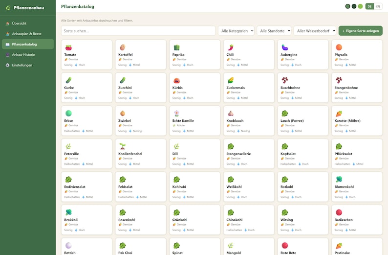 May include: A digital interface titled Pflanzenkatalog displaying a grid of plant varieties with icons, names, and categories. The layout includes a dark green sidebar with navigation options and a light background with search and filter menus.