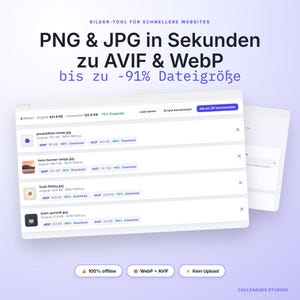 Könnte beinhalten: Eine digitale Benutzeroberfläche für ein Bildkonvertierungstool, das eine Liste von Dateien anzeigt, die von PNG und JPG in AVIF- und WebP-Formate umgewandelt werden. Der Bildschirm zeigt Dateinamen, Originalgrößen und Einsparungsprozentsätze sowie Schaltflächen für die Offline-Verarbeitung.