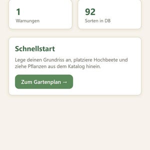 May include: A mobile application interface titled &Uuml;bersicht featuring a garden management dashboard. It displays statistics for 4 Hochbeete, 12 Gepflanzt, 1 Warnungen, and 92 Sorten in DB. A Schnellstart section includes a button labeled Zum Gartenplan.