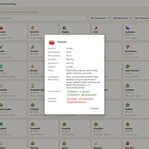 May include: A digital plant catalog interface displaying a grid of vegetable icons with a central pop-up window titled Tomate. The window details planting information including sun requirements, water needs, spacing of 50 cm, and care instructions.