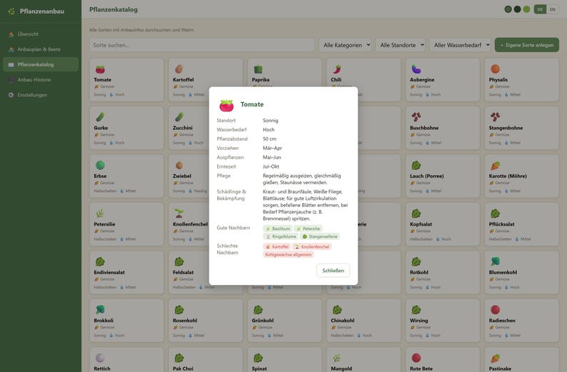 May include: A digital plant catalog interface displaying a grid of vegetable icons with a central pop-up window titled Tomate. The window details planting information including sun requirements, water needs, spacing of 50 cm, and care instructions.