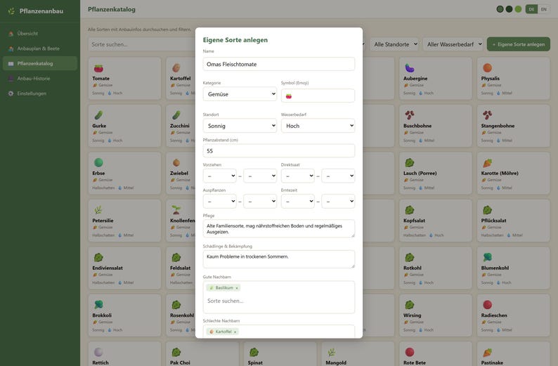 May include: A digital interface for a plant catalog application featuring a pop-up window titled Eigene Sorte anlegen. The form includes fields for plant name Omas Fleischtomate, category, symbol, location, water needs, spacing, and care notes.