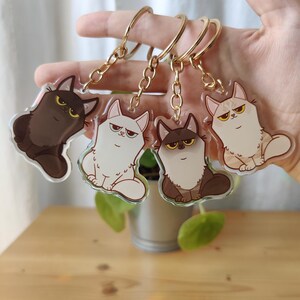 Peut inclure: Quatre porte-clés en acrylique représentant des chats illustrés avec des expressions grincheuses. Les chats sont noirs, blancs, marron et blanc, et crème avec des rayures orange. Chaque porte-clé possède un anneau en métal doré et une chaînette.