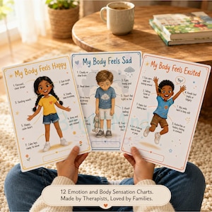 Può includere: Tre schede educative intitolate My Body Feels Happy, My Body Feels Sad e My Body Feels Excited. Ogni scheda mostra un bambino illustrato con etichette numerate che descrivono le sensazioni fisiche associate a specifiche emozioni.
