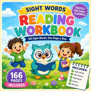 Op de afbeelding: Een kleurrijk educatief werkboek getiteld SIGHT WORDS READING WORKBOOK met een cartoonjongen, een meisje en een uil die een boek leest. De kaft bevat de tekst 100 Sight Words. One Page a Day, 166 PAGES INCLUDED en een lijst met kenmerken.