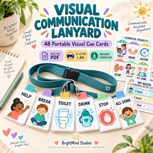 Peut inclure: Un cordon bleu sarcelle portant six cartes de communication visuelle rectangulaires avec des illustrations et du texte, notamment Help, Break, Toilet, Drink, Stop et All Done. Le kit inclut des fichiers PDF imprimables au format A4 et US Letter.