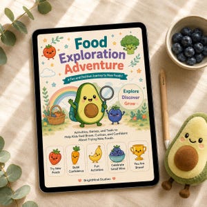Könnte beinhalten: Ein digitales Tablet mit dem Buchcover Food Exploration Adventure, das gezeichnete Früchte und Gemüse zeigt, darunter eine Avocado mit Lupe, einen Regenbogen und Text über Aktivitäten und Hilfsmittel zum Entdecken neuer Lebensmittel.