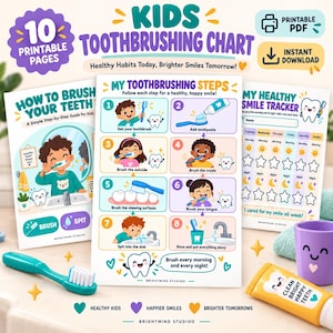 May include: A set of 10 printable pages for a kids toothbrushing chart featuring step-by-step guides, a smile tracker, and illustrations of children brushing teeth. Includes a teal toothbrush, a yellow toothpaste tube, and a purple cup.