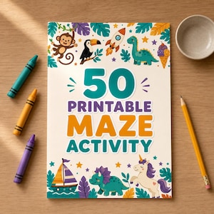 May include: A rectangular activity book cover with the text 50 PRINTABLE MAZE ACTIVITY in teal, purple, and orange. The design features illustrations of a monkey, toucan, rocket, dinosaur, ice cream, sailboat, and unicorn surrounded by leaves and stars.