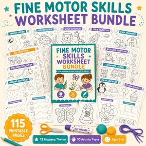 May include: A fine motor skills worksheet bundle featuring 115 printable pages with 12 themes including garden, safari, and space. The set includes a central activity book, orange scissors, a dot marker, two balls of playdough, and purple string.
