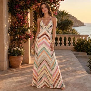 Crochet Maxi Dress with Backless Design and Colorful Patchwork Print