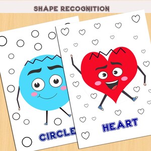 Könnte beinhalten: Zwei pädagogische Arbeitsblätter mit der Überschrift SHAPE RECOGNITION. Eines zeigt eine blaue Kreisfigur umgeben von Kreisen mit dem Text CIRCLE. Das andere zeigt eine rote Herzfigur umgeben von Herzen mit dem Text HEART.