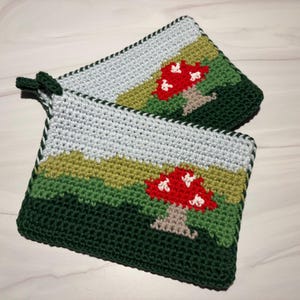 Mushroom Crocheted Rectangular Pot Holders | Double Layered Rectangle Hot Pads | Set of 2