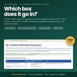 May include: A digital guide titled UK Landlord Allowable Expenses 2026/27, featuring a dark green background with white text. It includes a preview of a document table detailing tax-deductible costs, MTD categories, and notes for landlords.