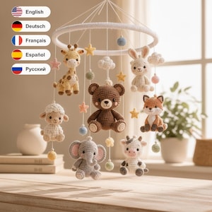 Virkmönster för babymobiler med skogsdjur i PDF-format – Amigurumi-barnrumsdekor (5 språk)