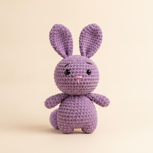 Pode incluir: Um coelho de pelúcia feito em crochê na cor violeta com orelhas longas e eretas, pequenos olhos pretos de plástico, sobrancelhas castanhas bordadas e um nariz e boca costurados em rosa. O boneco tem uma cabeça redonda e uma cauda de pompom.