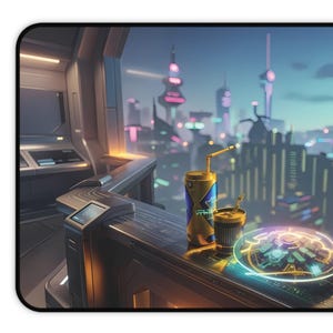 Pode incluir: Um tapete de rato retangular com uma vista urbana futurista a partir de um interior de alta tecnologia. O design inclui uma lata de bebida amarela e azul com palhinha, um copo pequeno e uma interface circular brilhante numa superfície metálica escura.